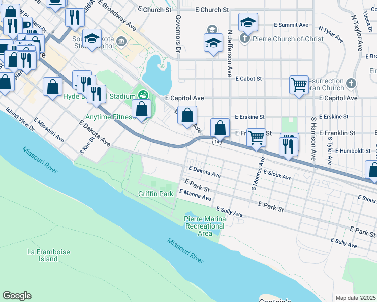 map of restaurants, bars, coffee shops, grocery stores, and more near South Washington Avenue in Pierre
