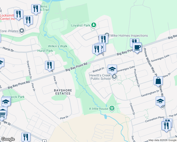 map of restaurants, bars, coffee shops, grocery stores, and more near 90 Birkhall Place in Barrie