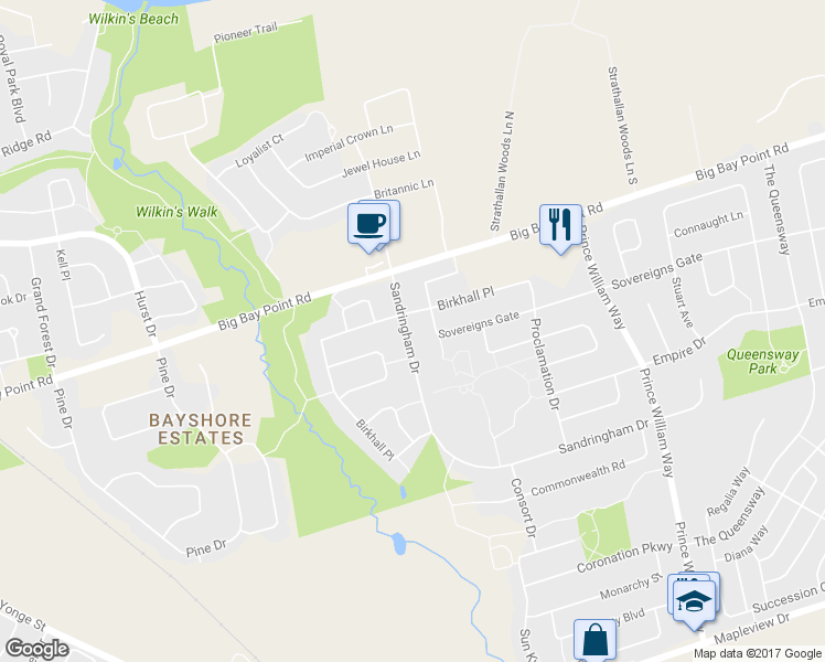 map of restaurants, bars, coffee shops, grocery stores, and more near 7 Sovereigns Gate in Barrie
