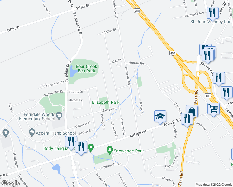 map of restaurants, bars, coffee shops, grocery stores, and more near 269 Crawford Street in Barrie