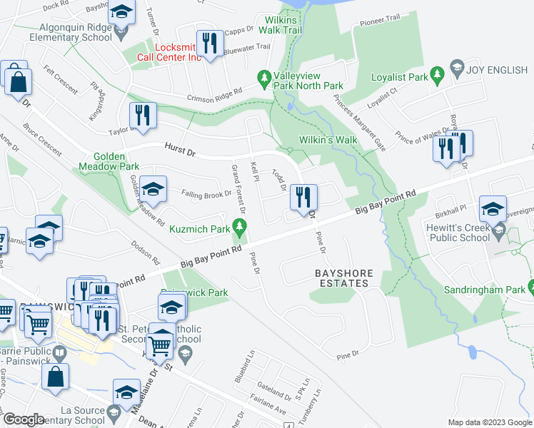 map of restaurants, bars, coffee shops, grocery stores, and more near 37 Kell Place in Barrie