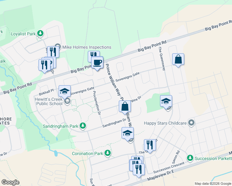 map of restaurants, bars, coffee shops, grocery stores, and more near 44 Prince William Way in Barrie