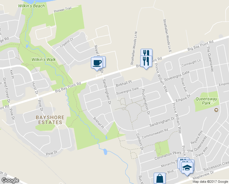 map of restaurants, bars, coffee shops, grocery stores, and more near 7 Sovereigns Gate in Barrie