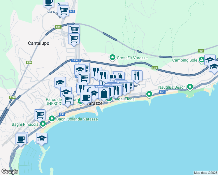 map of restaurants, bars, coffee shops, grocery stores, and more near Via Ciarli in Varazze