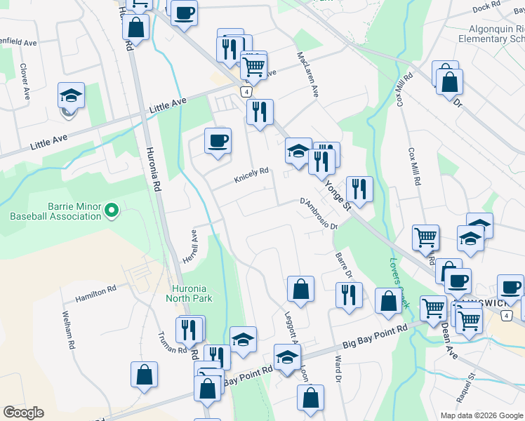 map of restaurants, bars, coffee shops, grocery stores, and more near D'Ambrosio Drive in Barrie