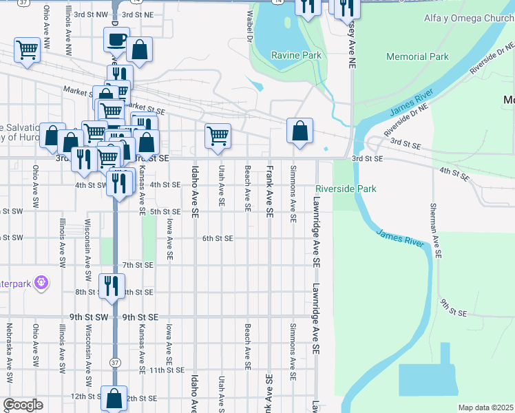 map of restaurants, bars, coffee shops, grocery stores, and more near 542 5th Street Southeast in Huron