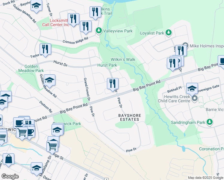 map of restaurants, bars, coffee shops, grocery stores, and more near Bedford Estates Crescent in Barrie