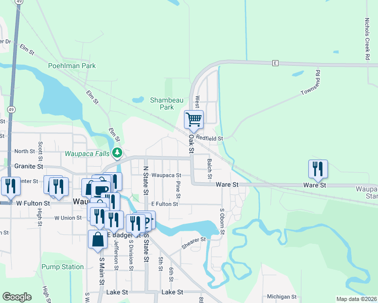 map of restaurants, bars, coffee shops, grocery stores, and more near 407 Oak Street in Waupaca