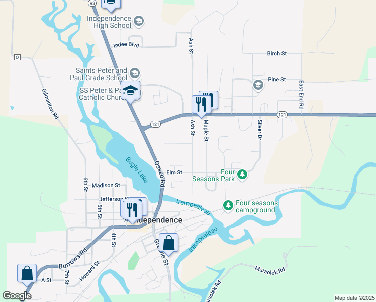 map of restaurants, bars, coffee shops, grocery stores, and more near 35845 Ash Street in Independence