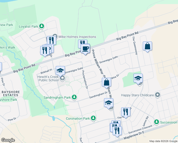 map of restaurants, bars, coffee shops, grocery stores, and more near 19 Parisian Crescent in Barrie
