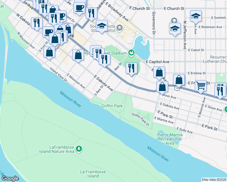 map of restaurants, bars, coffee shops, grocery stores, and more near South Crow Street in Pierre