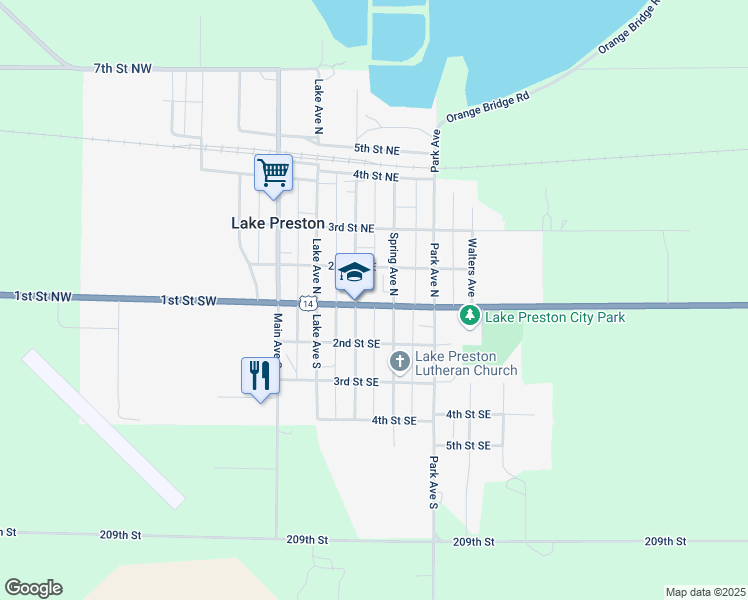 map of restaurants, bars, coffee shops, grocery stores, and more near 300 1st Street Northeast in Lake Preston