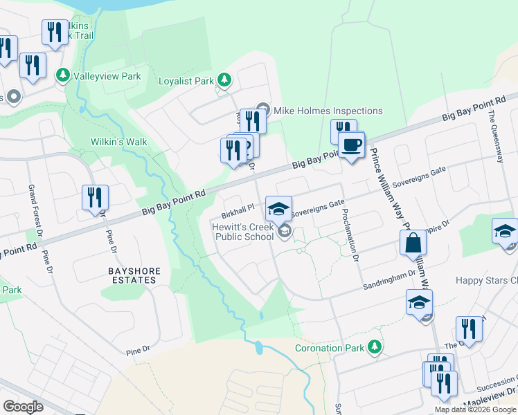 map of restaurants, bars, coffee shops, grocery stores, and more near 121 Birkhall Place in Barrie