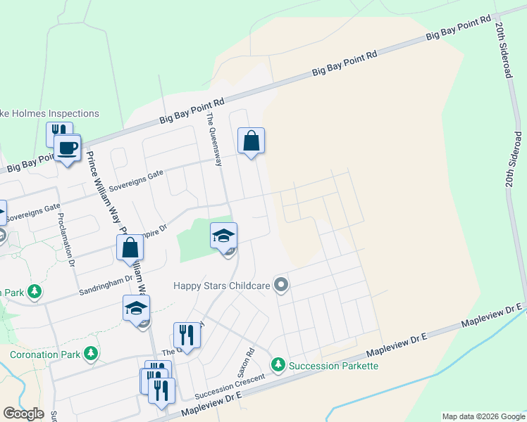 map of restaurants, bars, coffee shops, grocery stores, and more near 2 Lancaster Court in Barrie