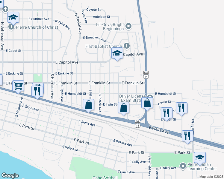 map of restaurants, bars, coffee shops, grocery stores, and more near 2200-2298 East Humboldt Street in Pierre