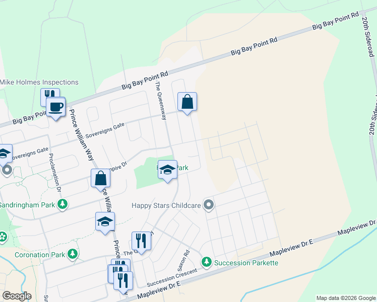 map of restaurants, bars, coffee shops, grocery stores, and more near 18 Lancaster Court in Barrie