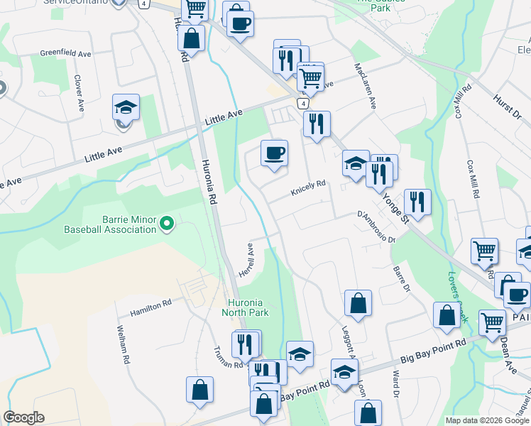 map of restaurants, bars, coffee shops, grocery stores, and more near 61 Herrell Avenue in Barrie