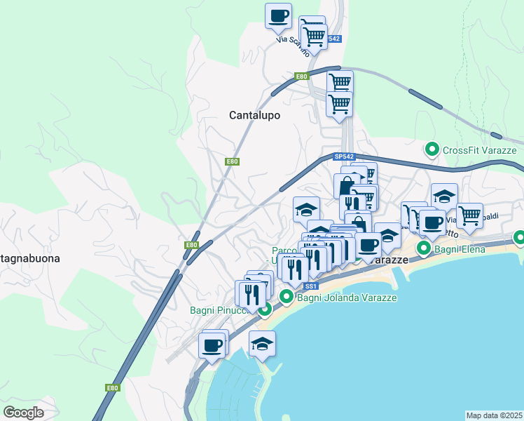 map of restaurants, bars, coffee shops, grocery stores, and more near 22 Via Nuova Cantalupo in Varazze