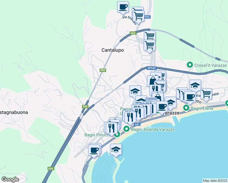 map of restaurants, bars, coffee shops, grocery stores, and more near 22 Via Nuova Cantalupo in Varazze