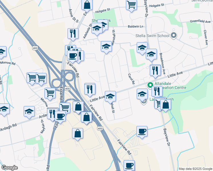 map of restaurants, bars, coffee shops, grocery stores, and more near 76 Marshall Street in Barrie