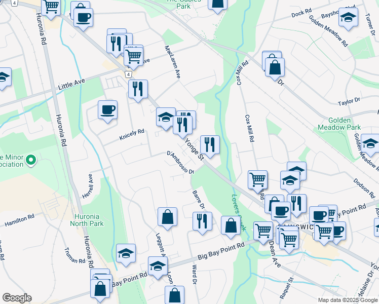 map of restaurants, bars, coffee shops, grocery stores, and more near 496 Yonge Street in Barrie