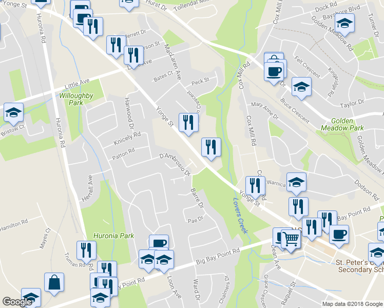 map of restaurants, bars, coffee shops, grocery stores, and more near in Barrie