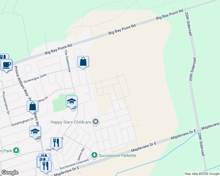 map of restaurants, bars, coffee shops, grocery stores, and more near 37 Stockholm Road in Barrie