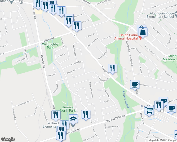 map of restaurants, bars, coffee shops, grocery stores, and more near 72 D'Ambrosio Drive in Barrie