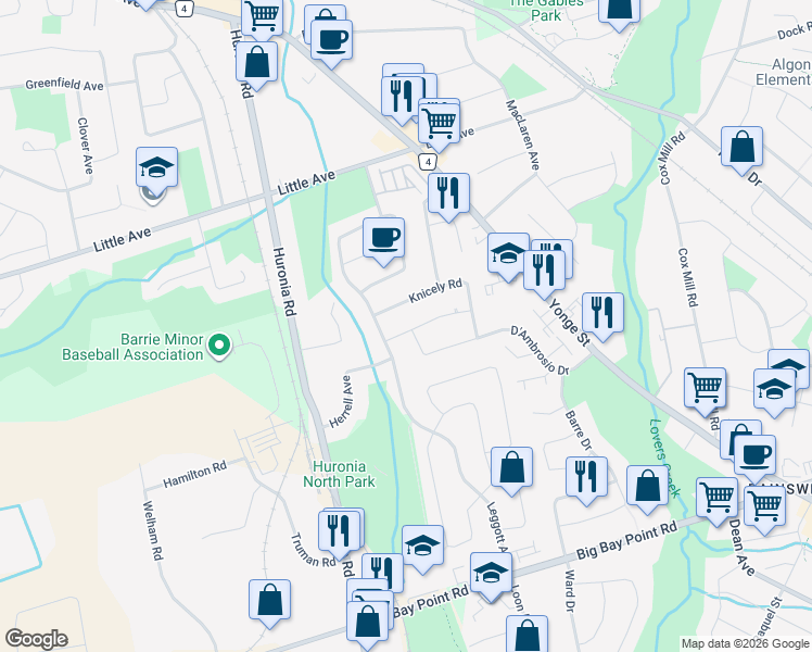 map of restaurants, bars, coffee shops, grocery stores, and more near 14 Patton Road in Barrie