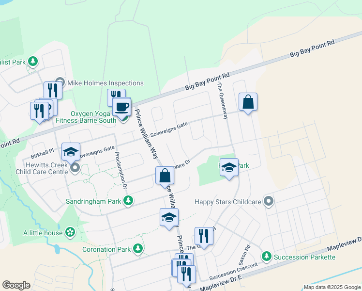 map of restaurants, bars, coffee shops, grocery stores, and more near Stuart Avenue in Barrie