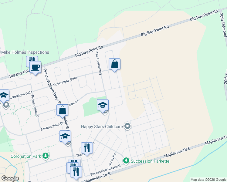 map of restaurants, bars, coffee shops, grocery stores, and more near 123 Empire Drive in Barrie