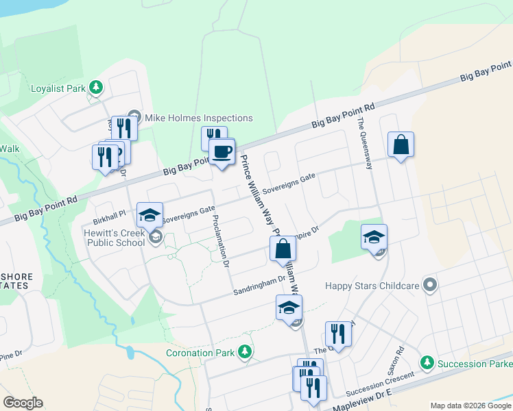 map of restaurants, bars, coffee shops, grocery stores, and more near 34 Prince William Way in Barrie