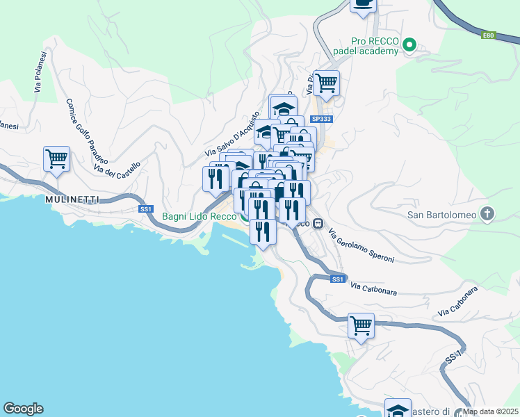 map of restaurants, bars, coffee shops, grocery stores, and more near 32 Lungomare Bettolo in Recco