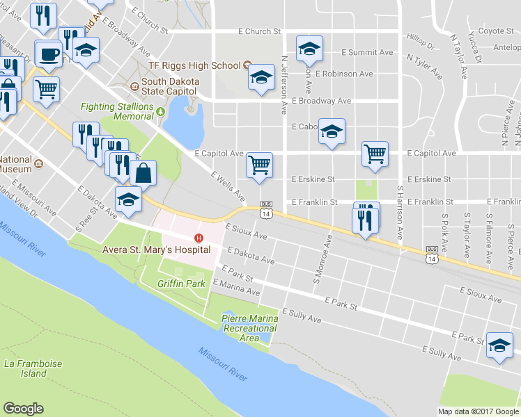 map of restaurants, bars, coffee shops, grocery stores, and more near South Adams Avenue in Pierre