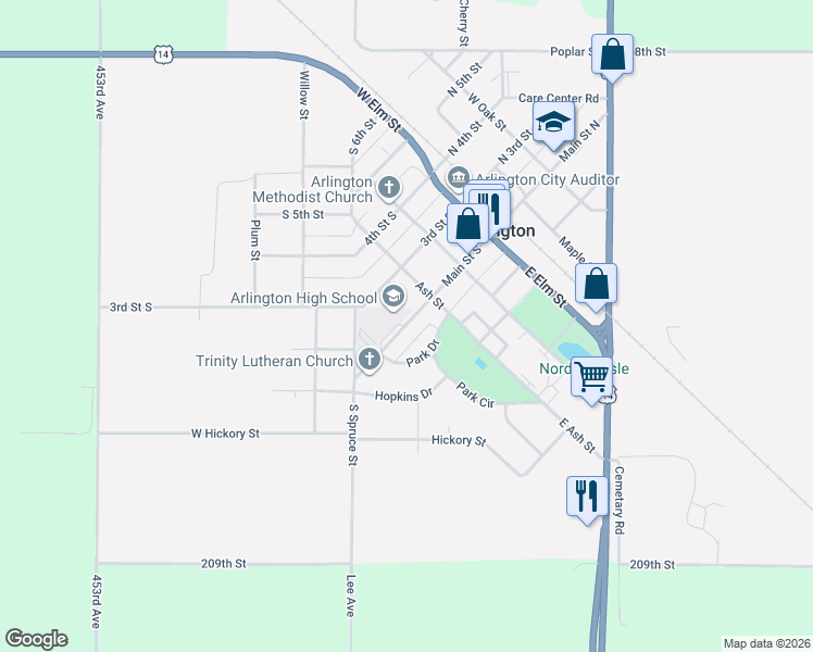 map of restaurants, bars, coffee shops, grocery stores, and more near 313 Main Street South in Arlington