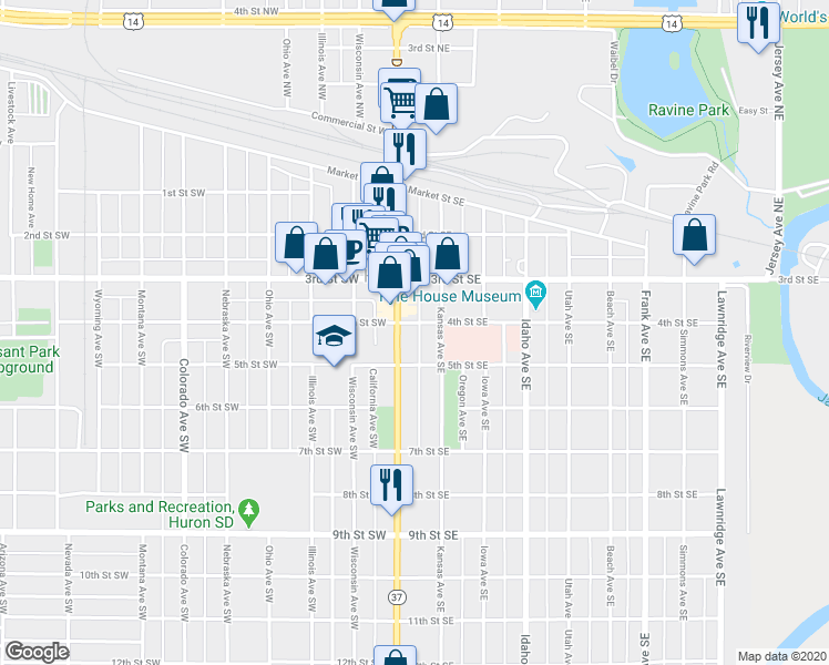map of restaurants, bars, coffee shops, grocery stores, and more near 410 Dakota Avenue South in Huron