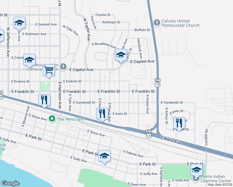 map of restaurants, bars, coffee shops, grocery stores, and more near South Buchanan Avenue in Pierre