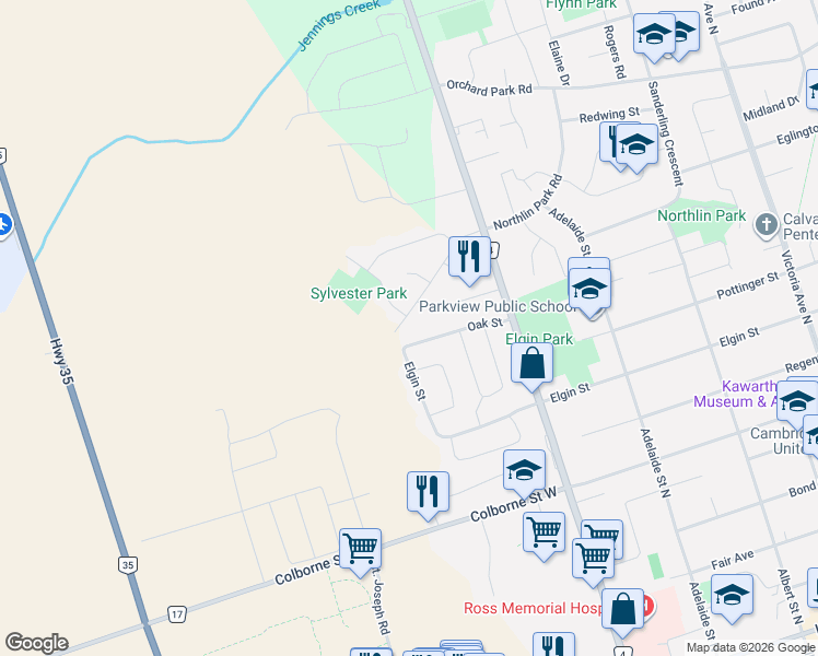 map of restaurants, bars, coffee shops, grocery stores, and more near 4 Sylvester Drive in Kawartha Lakes