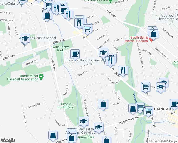 map of restaurants, bars, coffee shops, grocery stores, and more near 43 Patton Road in Barrie