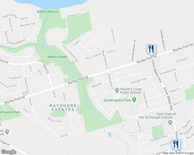 map of restaurants, bars, coffee shops, grocery stores, and more near 14 Strathmore Place in Barrie
