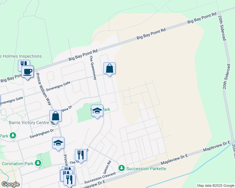 map of restaurants, bars, coffee shops, grocery stores, and more near 95 Winchester Terrace in Barrie