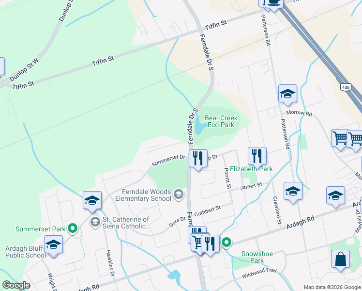 map of restaurants, bars, coffee shops, grocery stores, and more near 112 Ferndale Drive South in Barrie