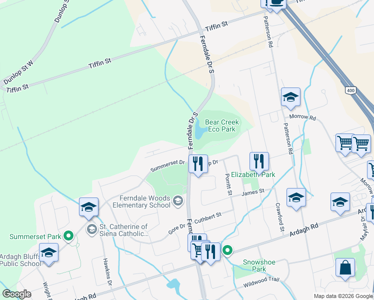 map of restaurants, bars, coffee shops, grocery stores, and more near 112 Ferndale Drive South in Barrie