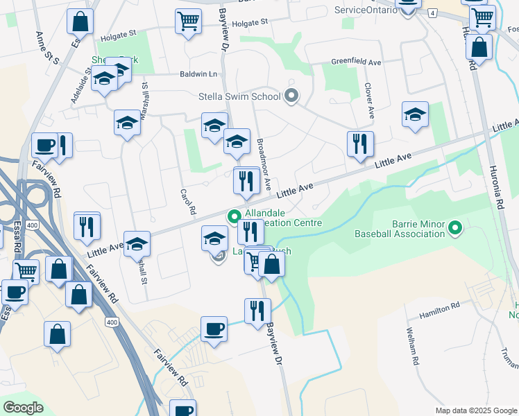 map of restaurants, bars, coffee shops, grocery stores, and more near 177 Bayview Drive in Barrie