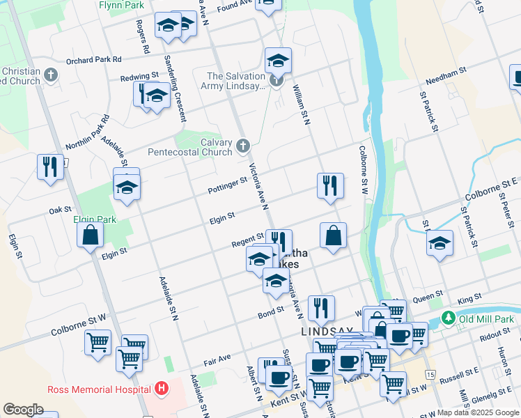map of restaurants, bars, coffee shops, grocery stores, and more near 56 Elgin Street in Kawartha Lakes
