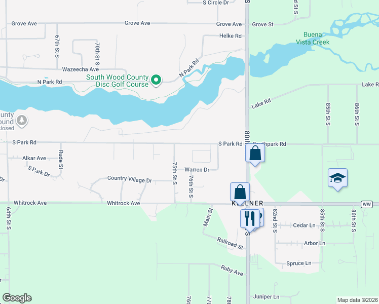 map of restaurants, bars, coffee shops, grocery stores, and more near 7520 South Park Road in Wisconsin Rapids