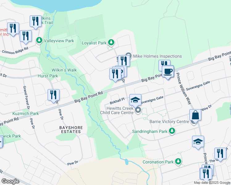 map of restaurants, bars, coffee shops, grocery stores, and more near 22 Strathmore Place in Barrie