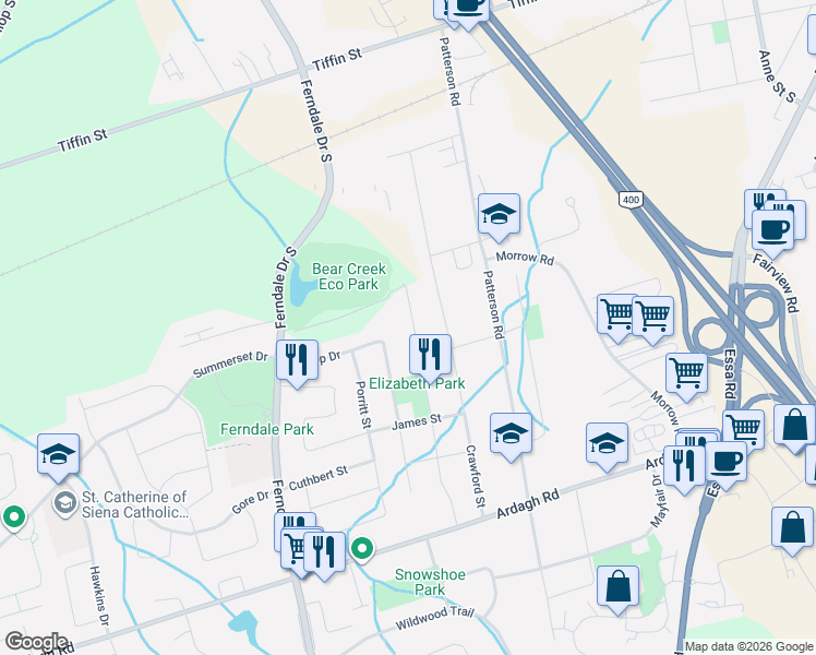 map of restaurants, bars, coffee shops, grocery stores, and more near 109 Elizabeth Street in Barrie