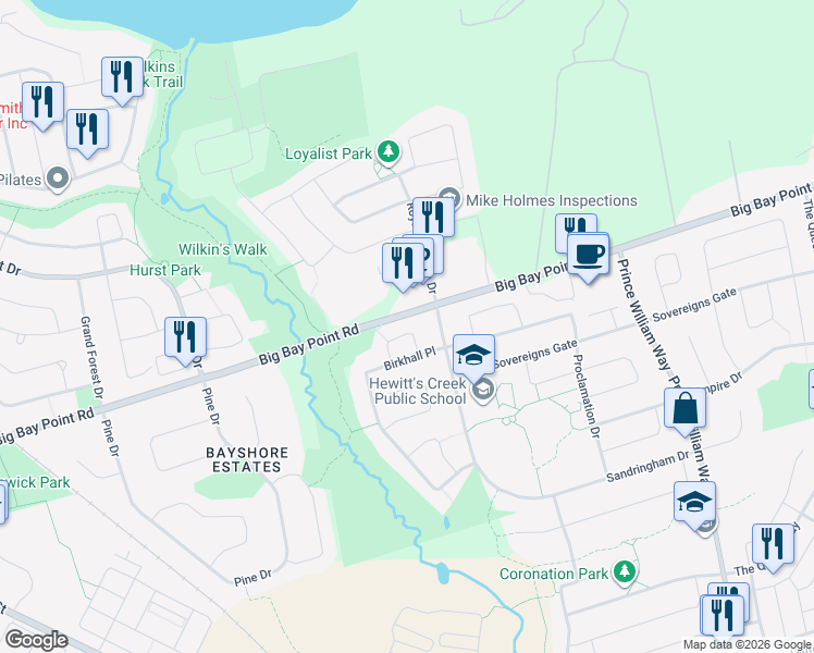 map of restaurants, bars, coffee shops, grocery stores, and more near 24 Strathmore Place in Barrie