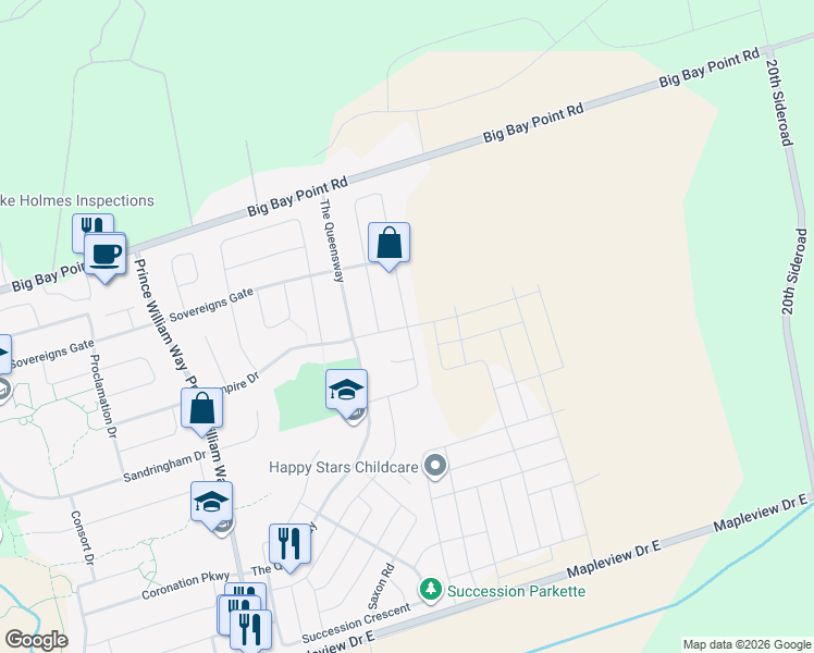 map of restaurants, bars, coffee shops, grocery stores, and more near Winchester Terrace in Barrie